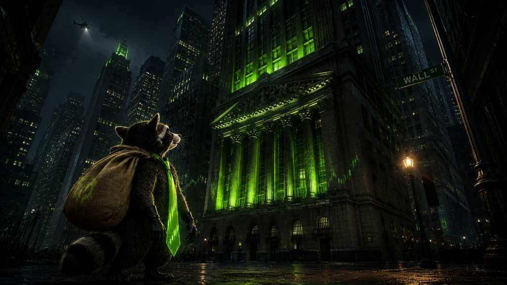 Bandit facing the glowing green stock exchange